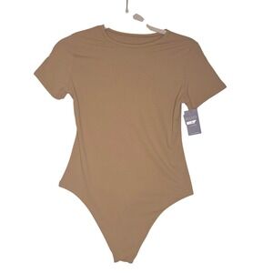 NWT Luxury Collection Auden TanShortSleeve Crewneck Bodysuit Sz L 4-Way Stretch